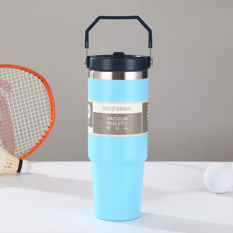 30oz Large Capacity Portable Car Cup Stainless Steel Thermos Cup with Straw & Handle Travel Sports Water Bottle Vacuum Flask