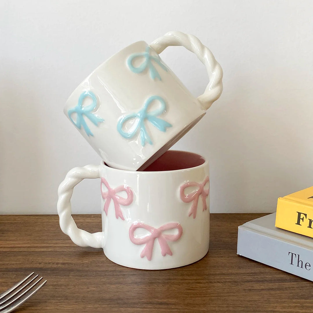 1Pc 13.4oz Pink Ceramic Mug with Bowknot, Ceramic Cup with Twisted Handle, Exquisite and Simple Pink Embossed Cup, Suitable for Latte Art in Coffee Shops, Home Decor Drinkware, Drinking Cup for Kitchen, Living Room, Bedroom, Gift for Giving