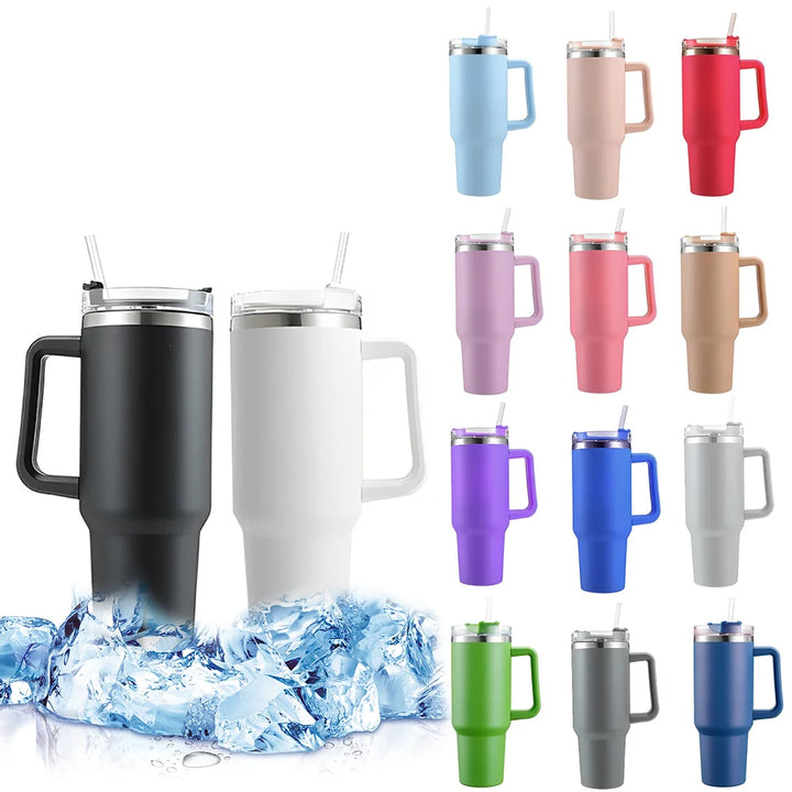 40oz 304 Stainless Steel Insulated Water Bottle,Thermal Coffee Car Cup, Cold Hot Mugs Vacuum Flask With Handle Straw,For Sport