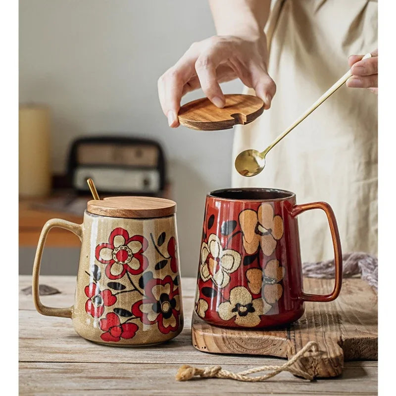 700ml Large Capacity Ceramic Coffee Cup Office/Home Water Cup Chinese Hand-drawn Pattern Mug with Wooden Cover with Spoon