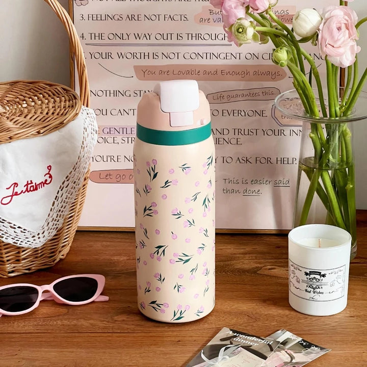 32oz Stainless Steel Thermos Water Bottle Cute Travel Vacuum Flasks  Thermal Cup With Straw Sports Gym Water Bottle For Woman