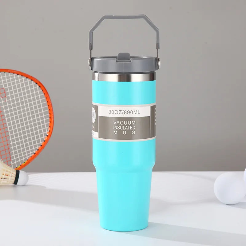 30oz Large Capacity Portable Car Cup Stainless Steel Thermos Cup with Straw & Handle Travel Sports Water Bottle Vacuum Flask