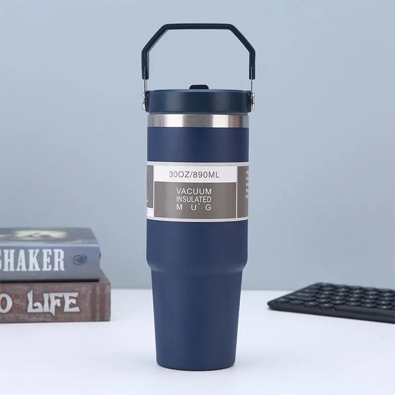 30oz Large Capacity Portable Car Cup Stainless Steel Thermos Cup with Straw & Handle Travel Sports Water Bottle Vacuum Flask