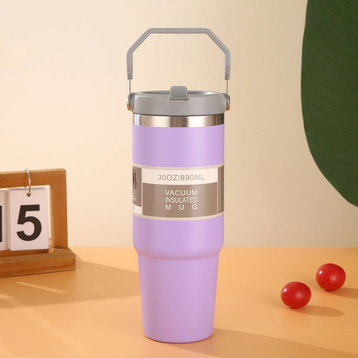 30oz Large Capacity Portable Car Cup Stainless Steel Thermos Cup with Straw & Handle Travel Sports Water Bottle Vacuum Flask