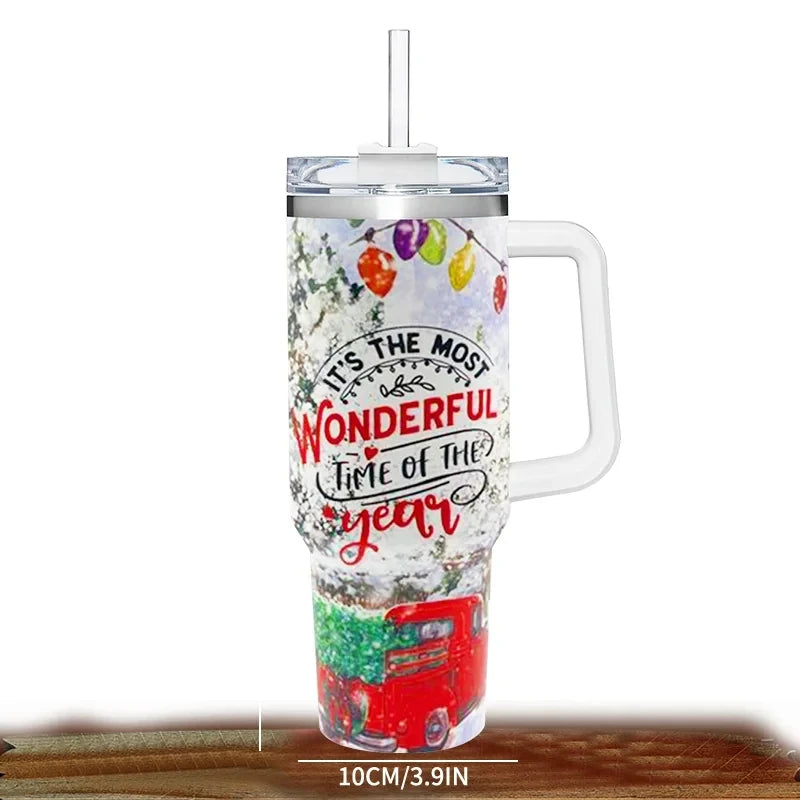 40oz 304 Stainless Steel Insulated Water Bottle,Thermal Coffee Car Cup, Cold Hot Mugs Vacuum Flask With Handle Straw,For Sport