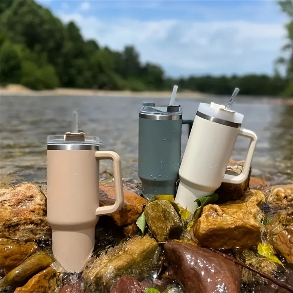 40oz 304 Stainless Steel Insulated Water Bottle,Thermal Coffee Car Cup, Cold Hot Mugs Vacuum Flask With Handle Straw,For Sport