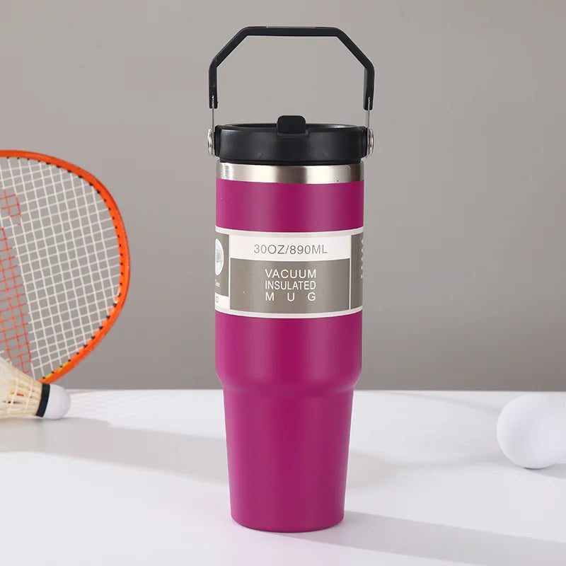 30oz Large Capacity Portable Car Cup Stainless Steel Thermos Cup with Straw & Handle Travel Sports Water Bottle Vacuum Flask
