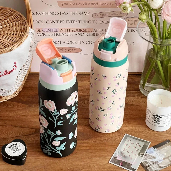 32oz Stainless Steel Thermos Water Bottle Cute Travel Vacuum Flasks  Thermal Cup With Straw Sports Gym Water Bottle For Woman