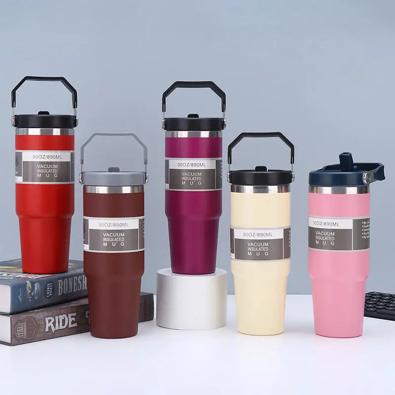 30oz Large Capacity Portable Car Cup Stainless Steel Thermos Cup with Straw & Handle Travel Sports Water Bottle Vacuum Flask