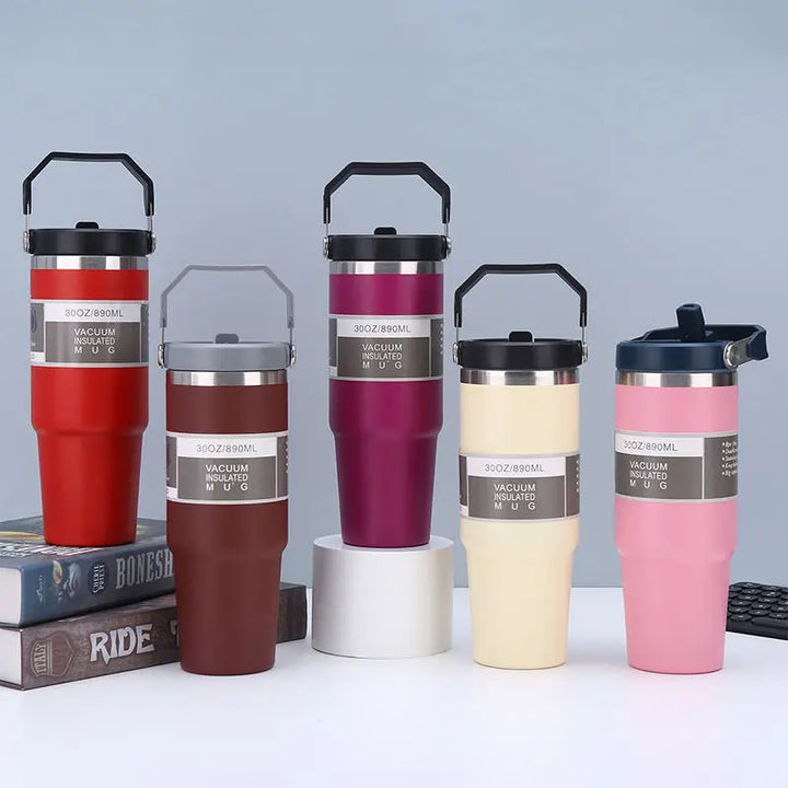 30oz Large Capacity Portable Car Cup Stainless Steel Thermos Cup with Straw & Handle Travel Sports Water Bottle Vacuum Flask