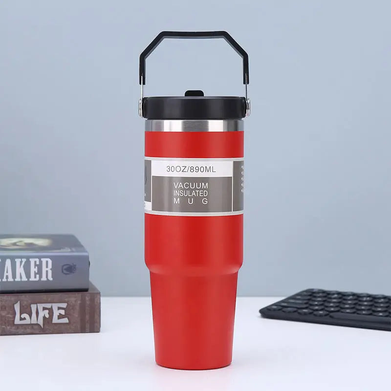 30oz Large Capacity Portable Car Cup Stainless Steel Thermos Cup with Straw & Handle Travel Sports Water Bottle Vacuum Flask