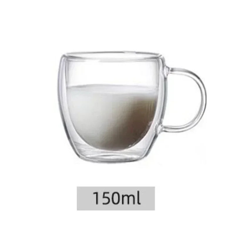 Double Wall High Borosilicate Glass Mug Heat Resistant Clear Water Coffee Cup With Handle