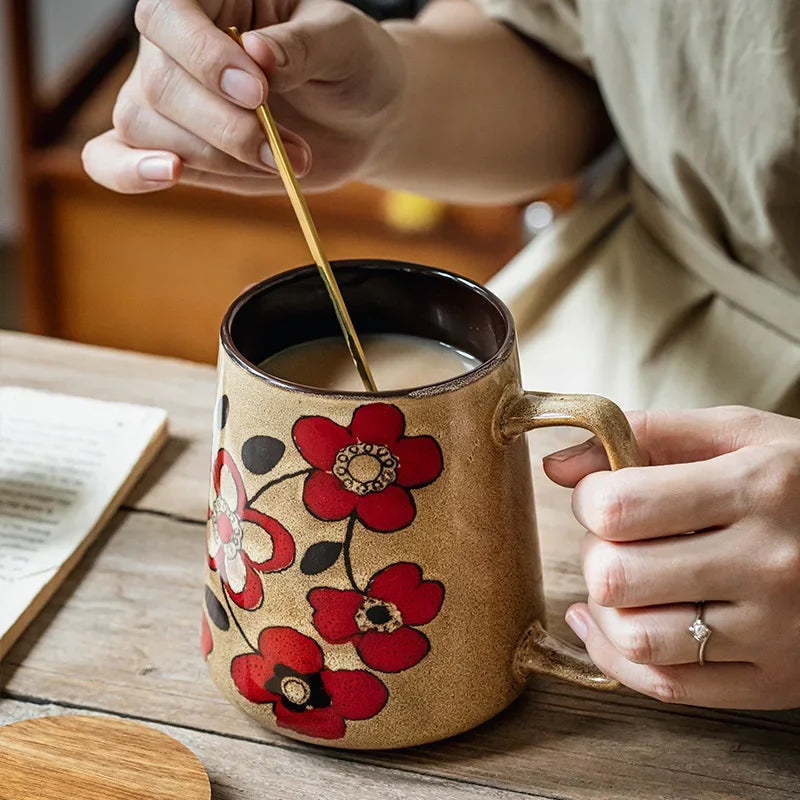 700ml Large Capacity Ceramic Coffee Cup Office/Home Water Cup Chinese Hand-drawn Pattern Mug with Wooden Cover with Spoon