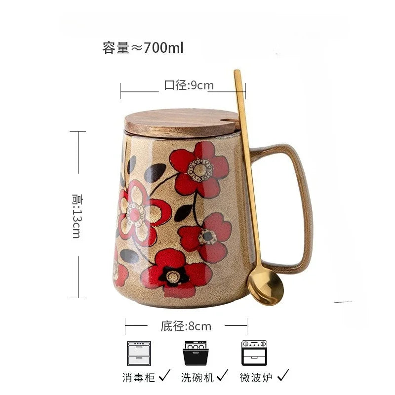 700ml Large Capacity Ceramic Coffee Cup Office/Home Water Cup Chinese Hand-drawn Pattern Mug with Wooden Cover with Spoon