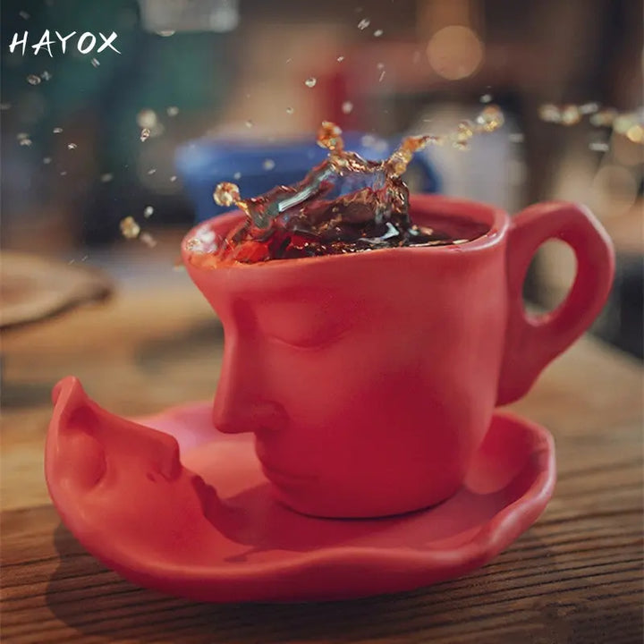 NEW Thingking Cup Mug Creative Coffee Cup and Saucer Set Ceramic Face Model Coffee Mug Kitchen Bar Supplies Coffeeware Set 2023