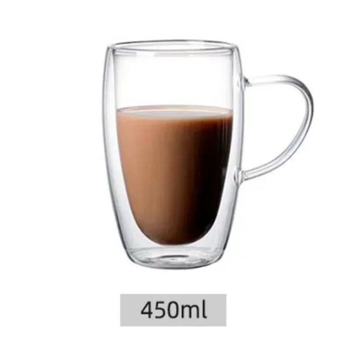 Double Wall High Borosilicate Glass Mug Heat Resistant Clear Water Coffee Cup With Handle