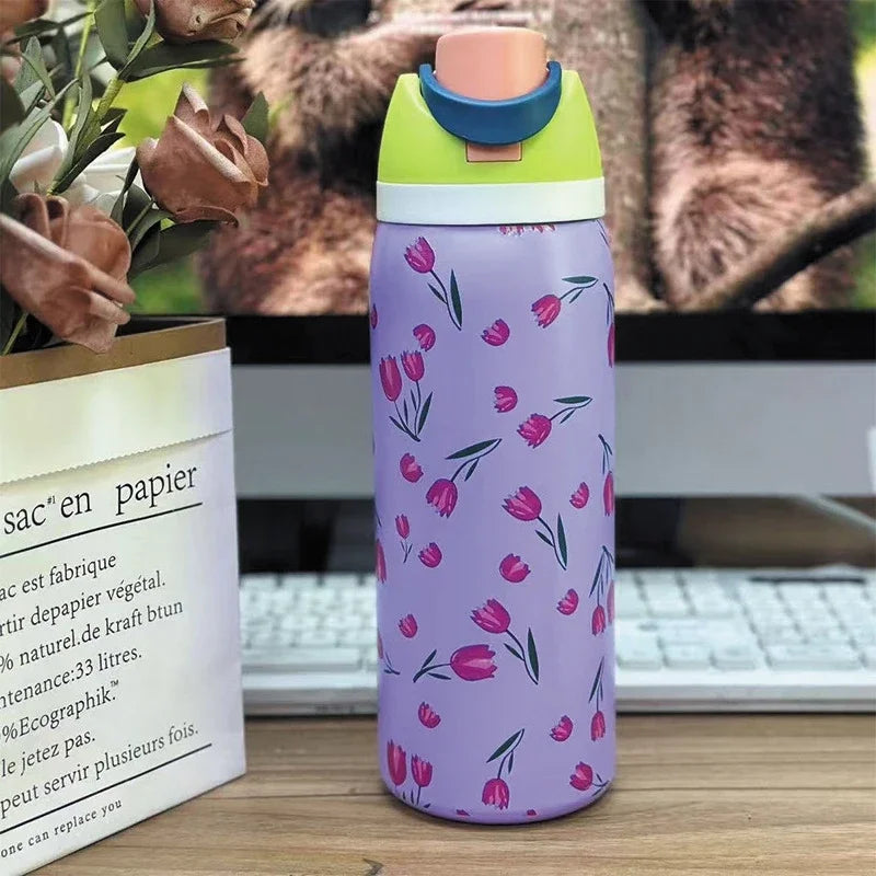 32oz Stainless Steel Thermos Water Bottle Cute Travel Vacuum Flasks  Thermal Cup With Straw Sports Gym Water Bottle For Woman
