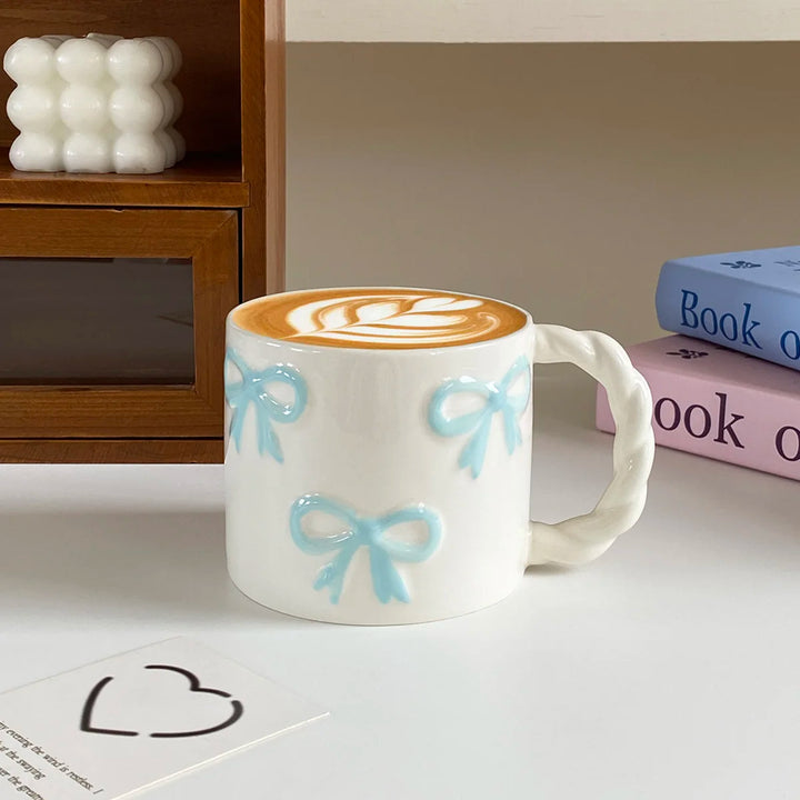1Pc 13.4oz Pink Ceramic Mug with Bowknot, Ceramic Cup with Twisted Handle, Exquisite and Simple Pink Embossed Cup, Suitable for Latte Art in Coffee Shops, Home Decor Drinkware, Drinking Cup for Kitchen, Living Room, Bedroom, Gift for Giving