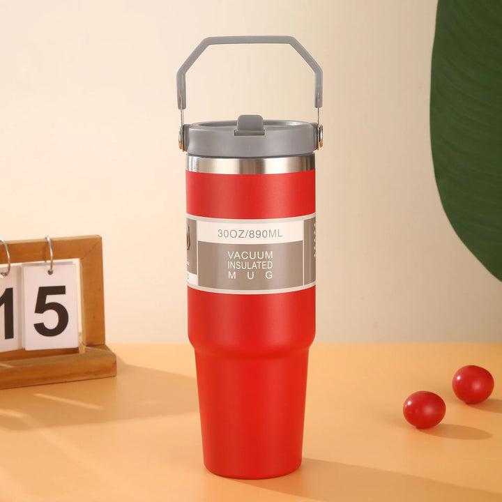 30oz Large Capacity Portable Car Cup Stainless Steel Thermos Cup with Straw & Handle Travel Sports Water Bottle Vacuum Flask