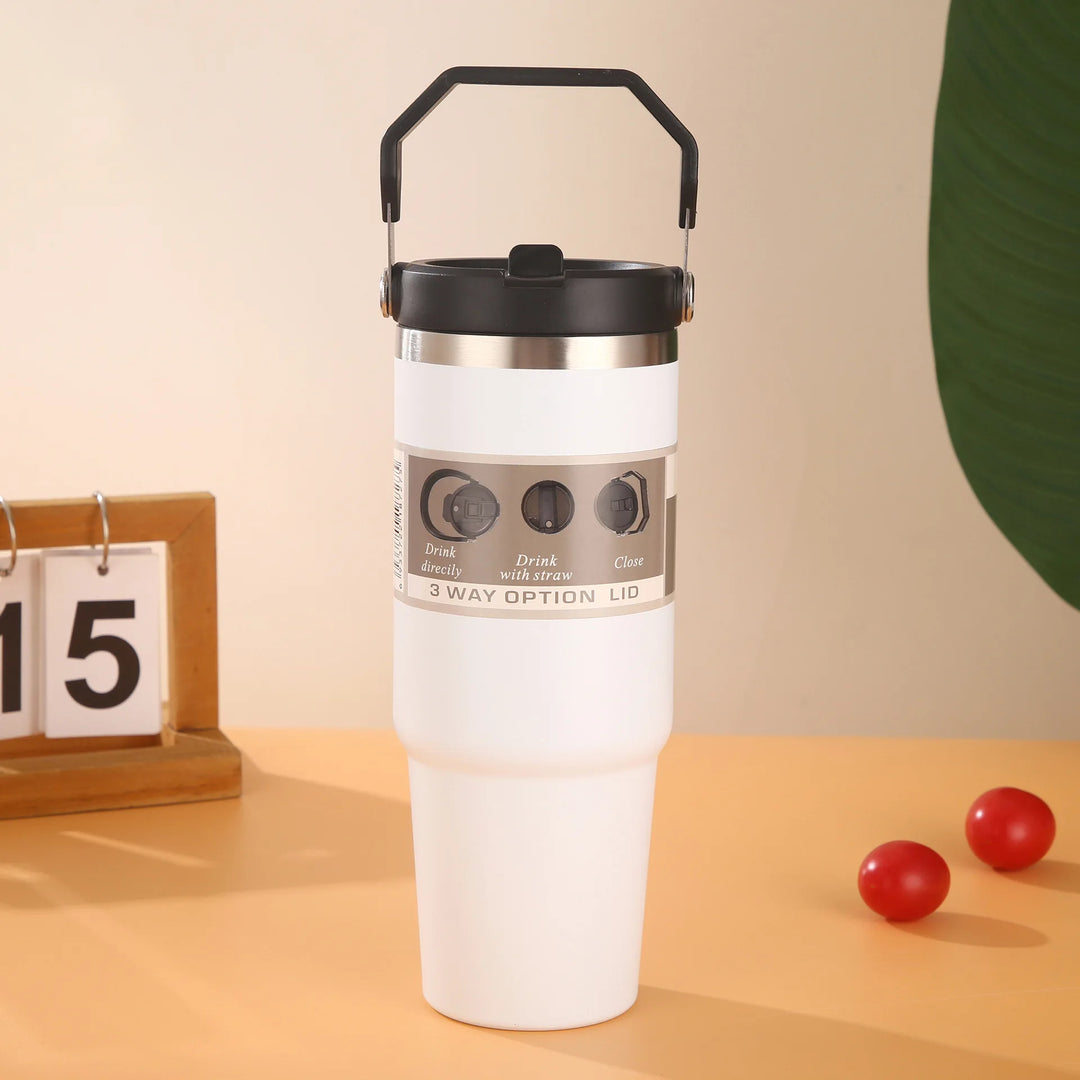 30oz Large Capacity Portable Car Cup Stainless Steel Thermos Cup with Straw & Handle Travel Sports Water Bottle Vacuum Flask