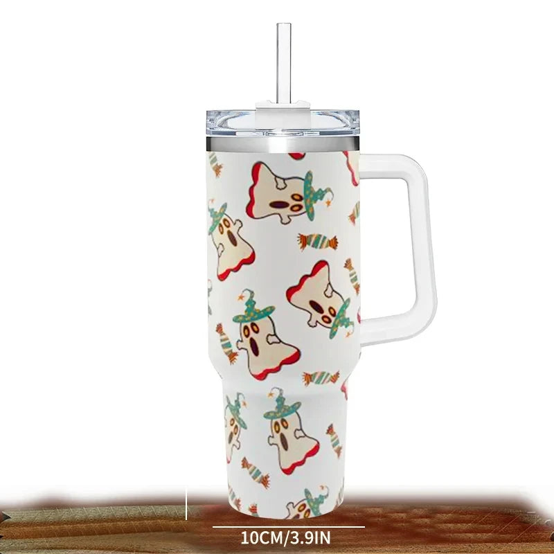 40oz 304 Stainless Steel Insulated Water Bottle,Thermal Coffee Car Cup, Cold Hot Mugs Vacuum Flask With Handle Straw,For Sport