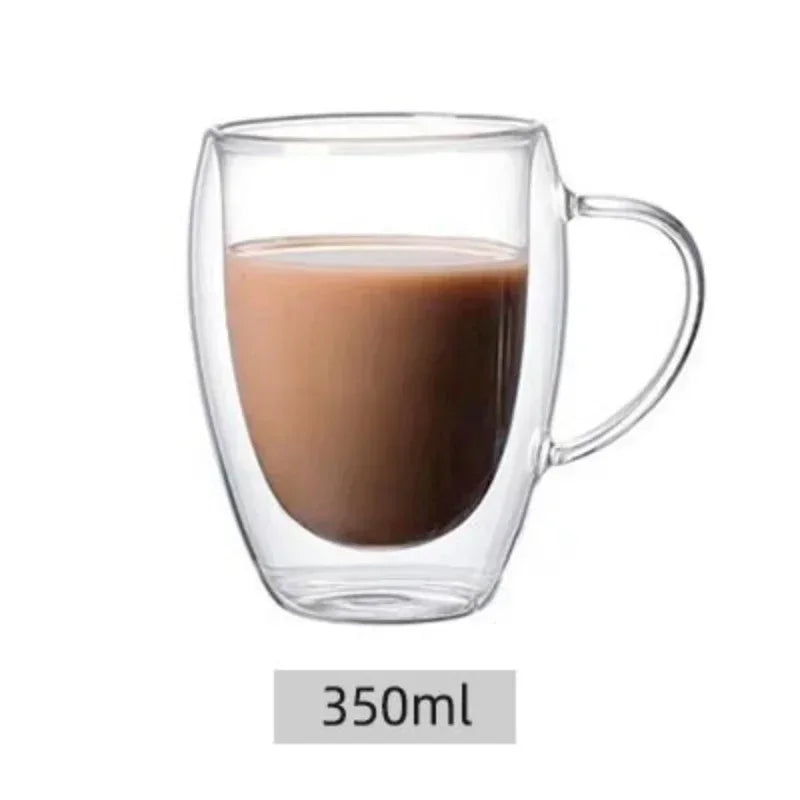 Double Wall High Borosilicate Glass Mug Heat Resistant Clear Water Coffee Cup With Handle