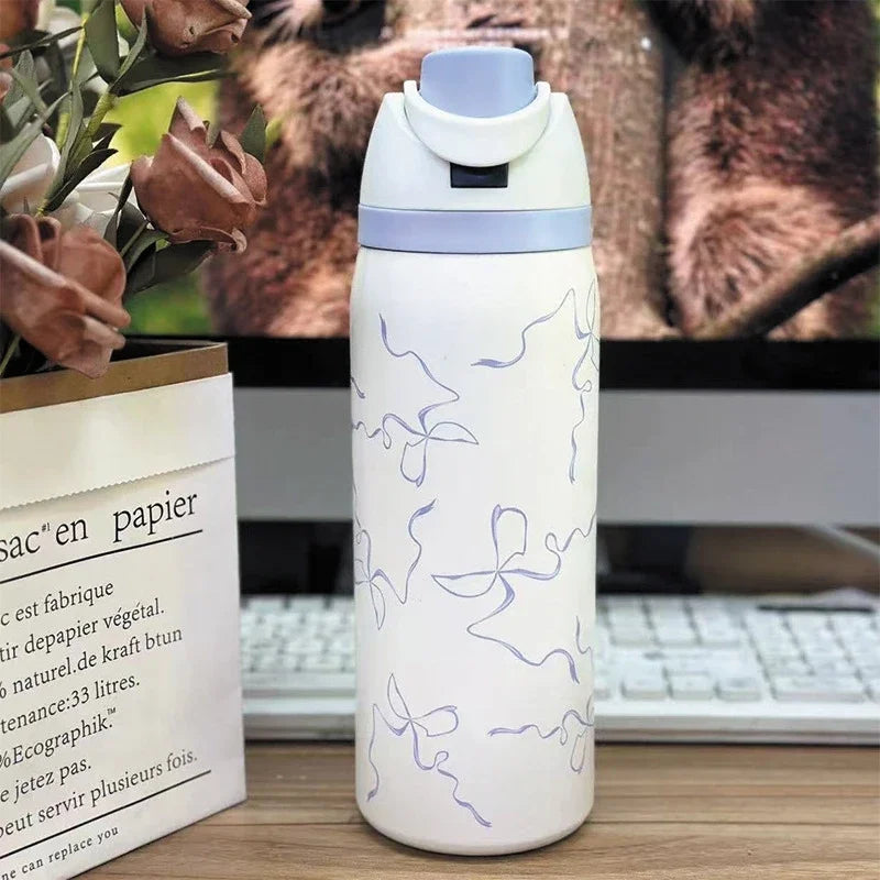 32oz Stainless Steel Thermos Water Bottle Cute Travel Vacuum Flasks  Thermal Cup With Straw Sports Gym Water Bottle For Woman