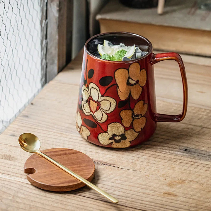 700ml Large Capacity Ceramic Coffee Cup Office/Home Water Cup Chinese Hand-drawn Pattern Mug with Wooden Cover with Spoon