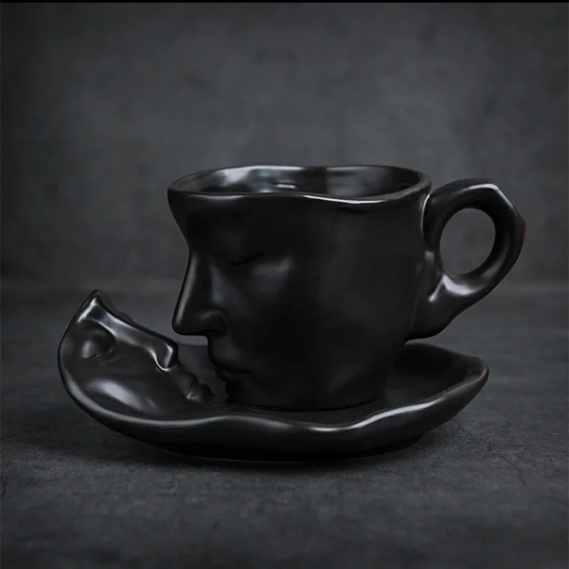 NEW Thingking Cup Mug Creative Coffee Cup and Saucer Set Ceramic Face Model Coffee Mug Kitchen Bar Supplies Coffeeware Set 2023