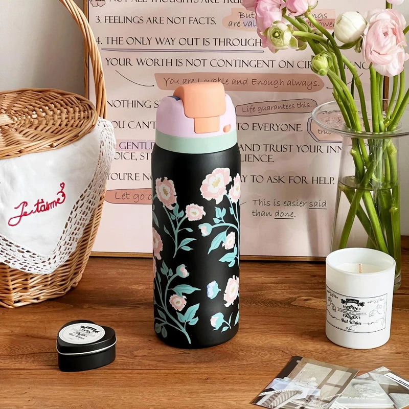 32oz Stainless Steel Thermos Water Bottle Cute Travel Vacuum Flasks  Thermal Cup With Straw Sports Gym Water Bottle For Woman