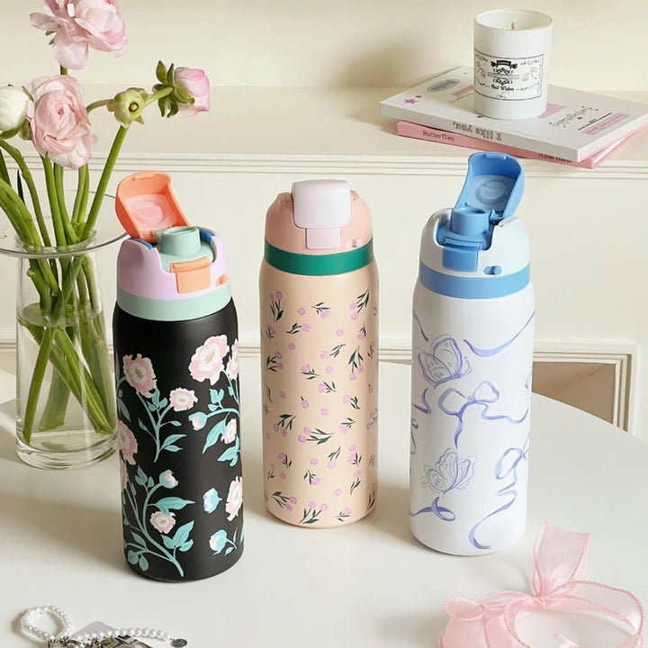 32oz Stainless Steel Thermos Water Bottle Cute Travel Vacuum Flasks  Thermal Cup With Straw Sports Gym Water Bottle For Woman