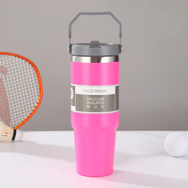 30oz Large Capacity Portable Car Cup Stainless Steel Thermos Cup with Straw & Handle Travel Sports Water Bottle Vacuum Flask