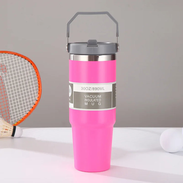 30oz Large Capacity Portable Car Cup Stainless Steel Thermos Cup with Straw & Handle Travel Sports Water Bottle Vacuum Flask