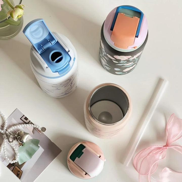 32oz Stainless Steel Thermos Water Bottle Cute Travel Vacuum Flasks  Thermal Cup With Straw Sports Gym Water Bottle For Woman
