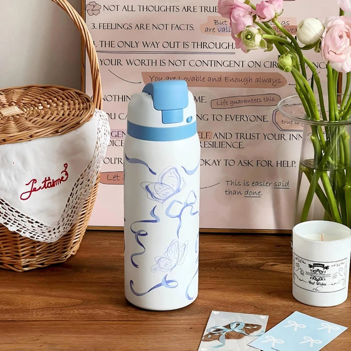 32oz Stainless Steel Thermos Water Bottle Cute Travel Vacuum Flasks  Thermal Cup With Straw Sports Gym Water Bottle For Woman