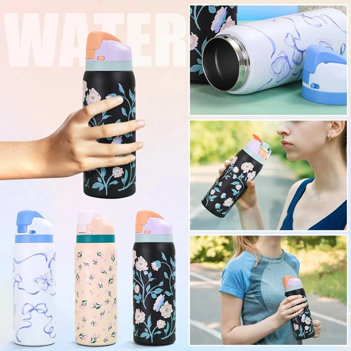 32oz Stainless Steel Thermos Water Bottle Cute Travel Vacuum Flasks  Thermal Cup With Straw Sports Gym Water Bottle For Woman
