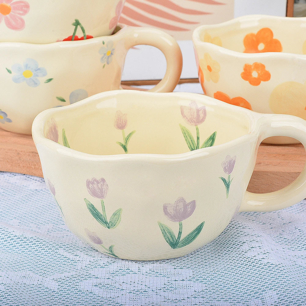 Ceramic Mugs Coffee Cups Hand Pinched Irregular Flower Milk Tea Cup Ins Korean Style Oatmeal Breakfast Mug Drinkware Kitchen