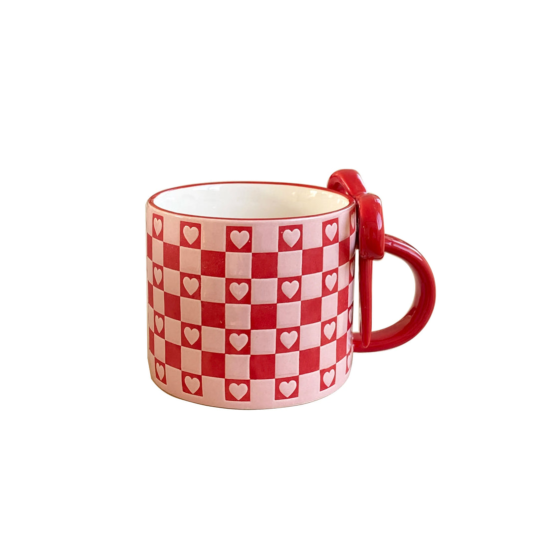 1Pc Ceramic Mug with Bowknot Handle and Heart Design, Creative Bowknot Handle Design with Checkerboard Pattern, Suitable for Home Decoration, Daily Household Use, Breakfast Milk, Afternoon Tea Coffee, Latte Art Cup for Coffee Shops, Exquisite Gift