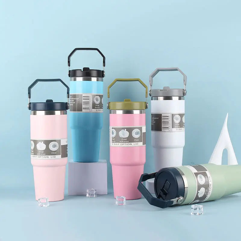 30oz Large Capacity Portable Car Cup Stainless Steel Thermos Cup with Straw & Handle Travel Sports Water Bottle Vacuum Flask
