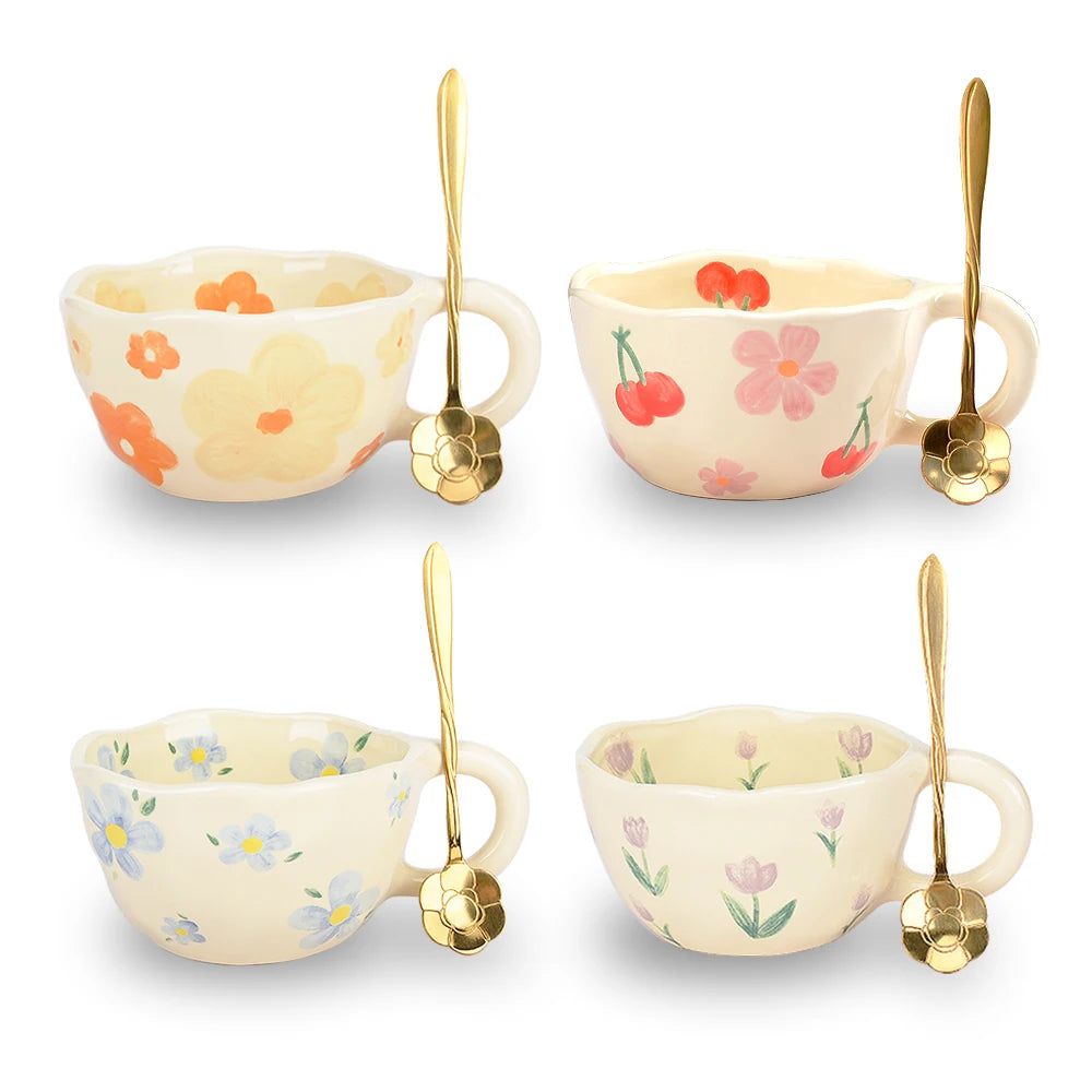 Ceramic Mugs Coffee Cups Hand Pinched Irregular Flower Milk Tea Cup Ins Korean Style Oatmeal Breakfast Mug Drinkware Kitchen