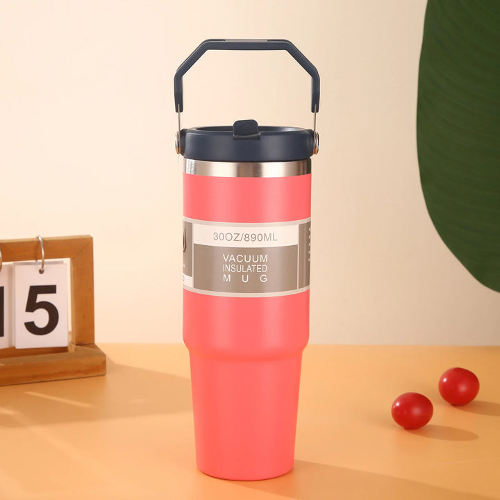 30oz Large Capacity Portable Car Cup Stainless Steel Thermos Cup with Straw & Handle Travel Sports Water Bottle Vacuum Flask