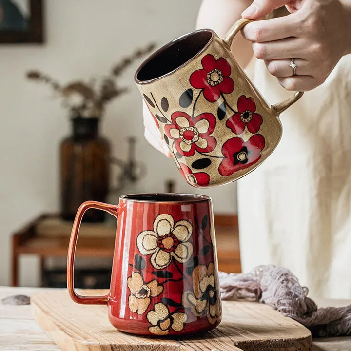 700ml Large Capacity Ceramic Coffee Cup Office/Home Water Cup Chinese Hand-drawn Pattern Mug with Wooden Cover with Spoon