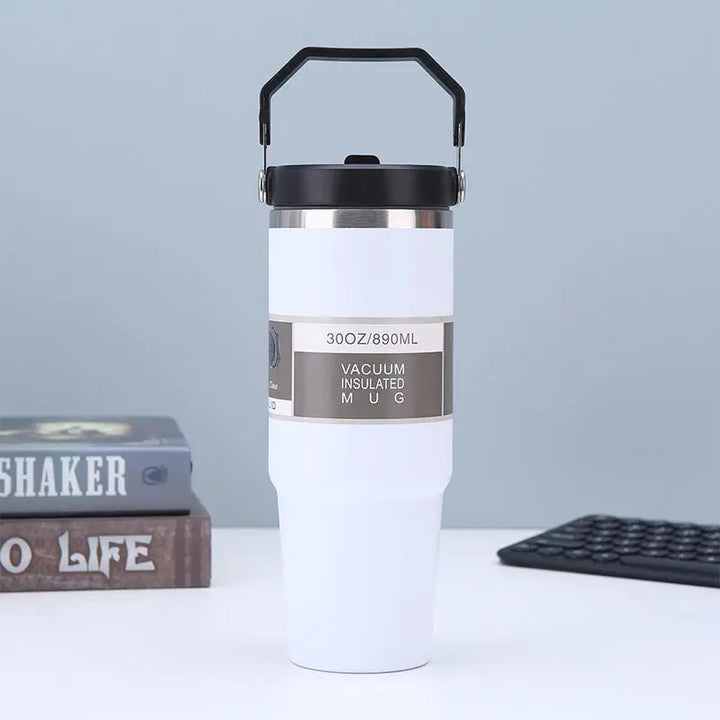 30oz Large Capacity Portable Car Cup Stainless Steel Thermos Cup with Straw & Handle Travel Sports Water Bottle Vacuum Flask