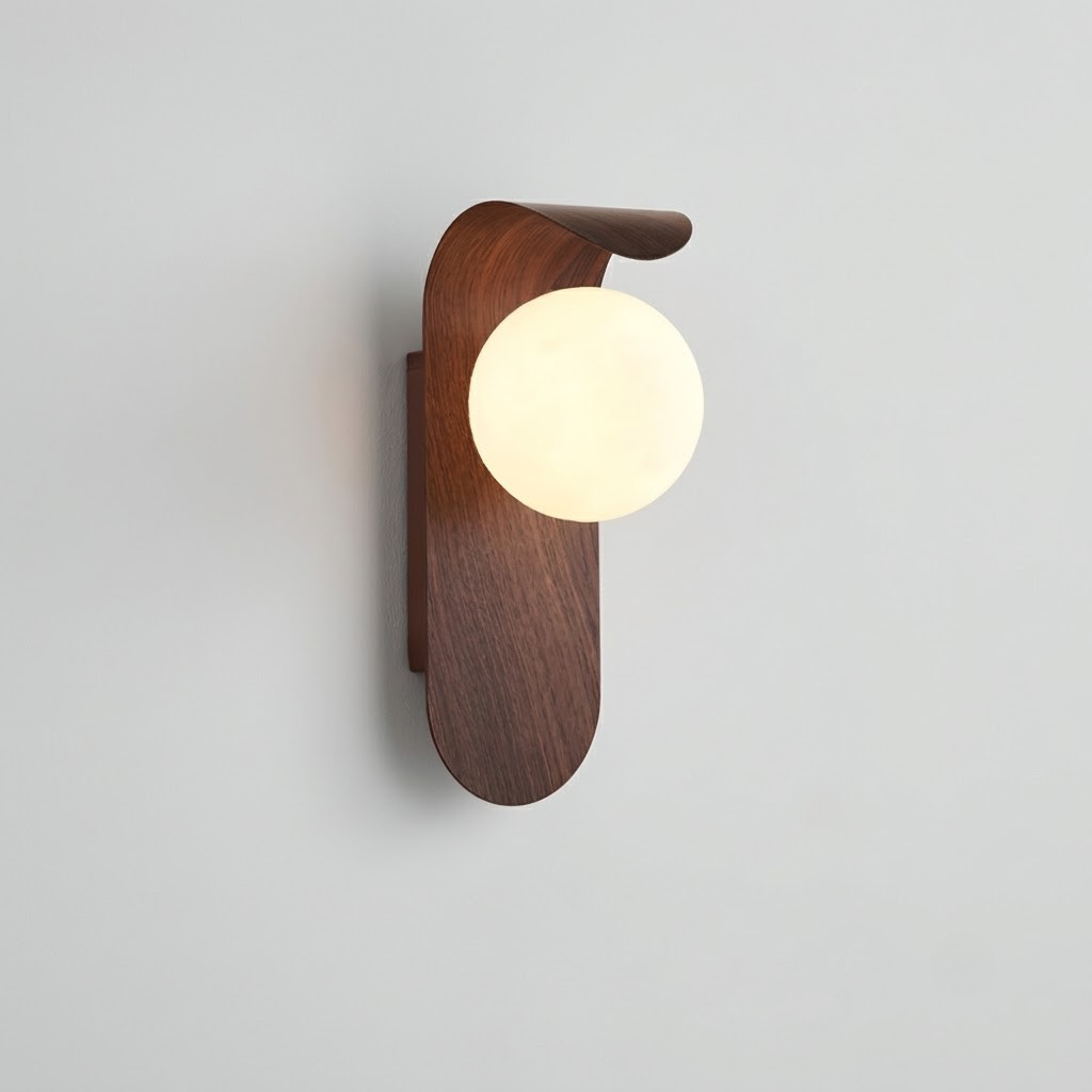 Wooden wall sconce with a round light bulb on a plain background