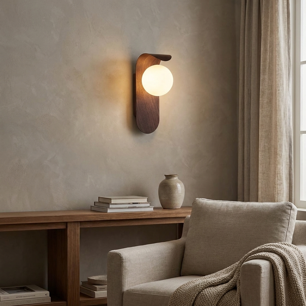 A modern wall-mounted light fixture with a curved dark wood backplate and a glowing spherical bulb, installed on a textured beige wall above a wooden console table in a styled living room.