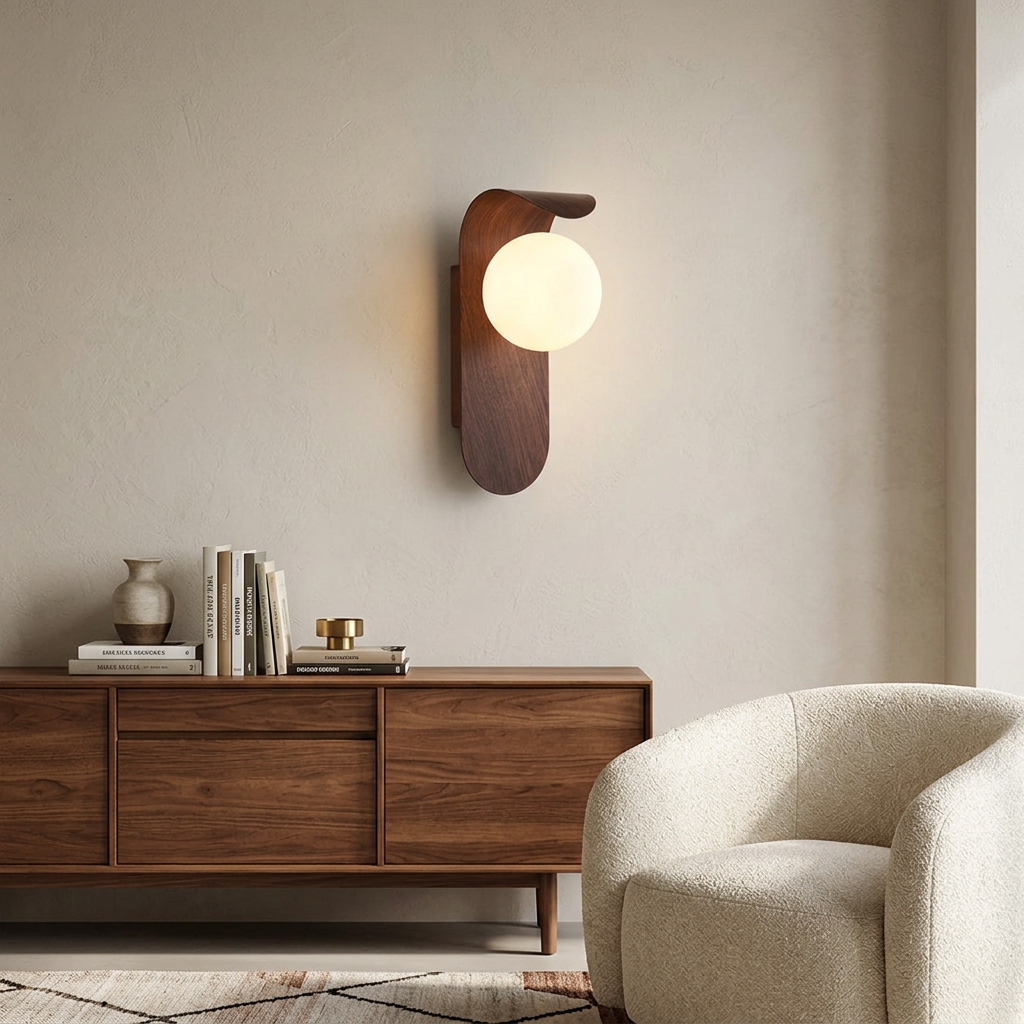 A modern wall-mounted sconce with a curved dark wood backplate and a glowing white globe bulb, shown installed on a beige wall above a wooden sideboard in a styled interior with a cream armchair.