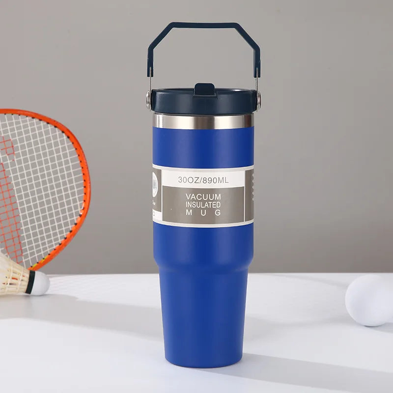 30oz Large Capacity Portable Car Cup Stainless Steel Thermos Cup with Straw & Handle Travel Sports Water Bottle Vacuum Flask