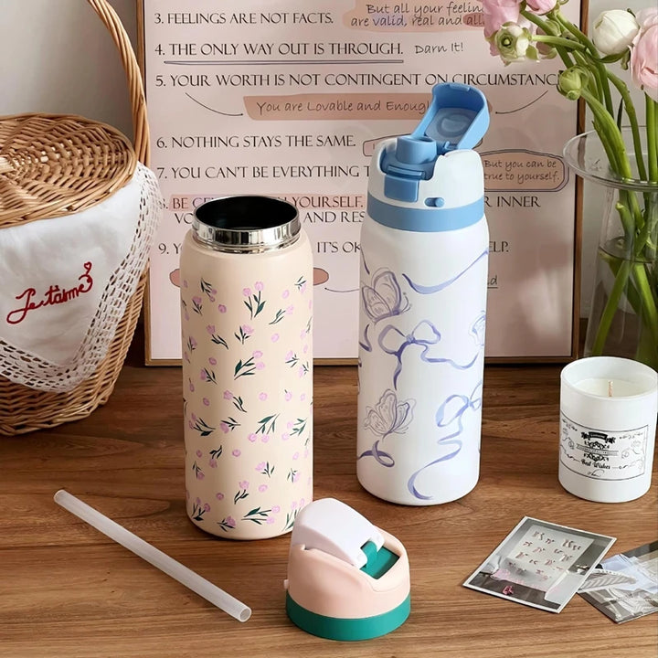 32oz Stainless Steel Thermos Water Bottle Cute Travel Vacuum Flasks  Thermal Cup With Straw Sports Gym Water Bottle For Woman