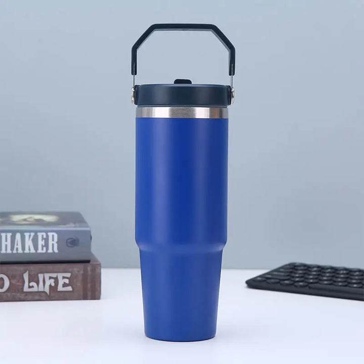 30oz Large Capacity Portable Car Cup Stainless Steel Thermos Cup with Straw & Handle Travel Sports Water Bottle Vacuum Flask