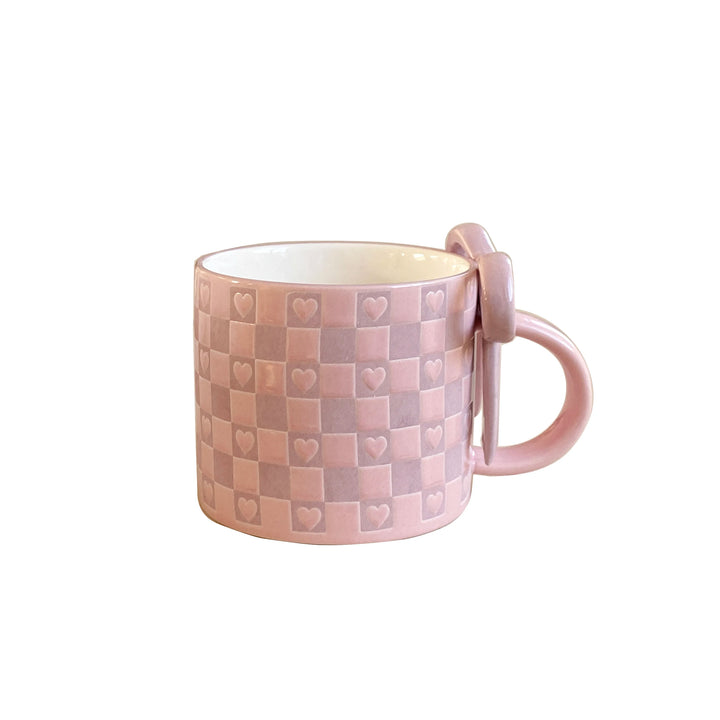1Pc Ceramic Mug with Bowknot Handle and Heart Design, Creative Bowknot Handle Design with Checkerboard Pattern, Suitable for Home Decoration, Daily Household Use, Breakfast Milk, Afternoon Tea Coffee, Latte Art Cup for Coffee Shops, Exquisite Gift